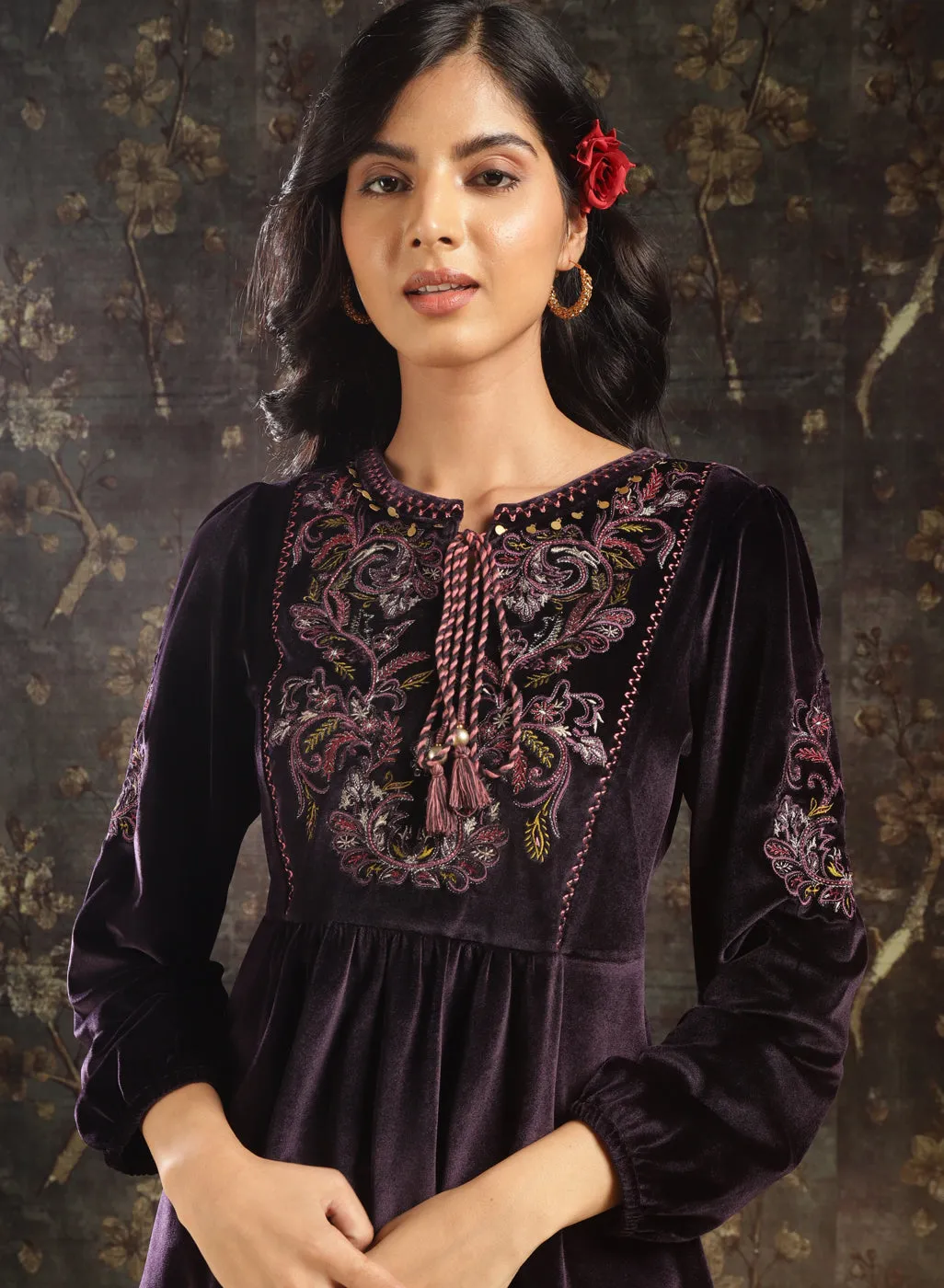 Purple Velvet Tunic with Threadwork and Tassels