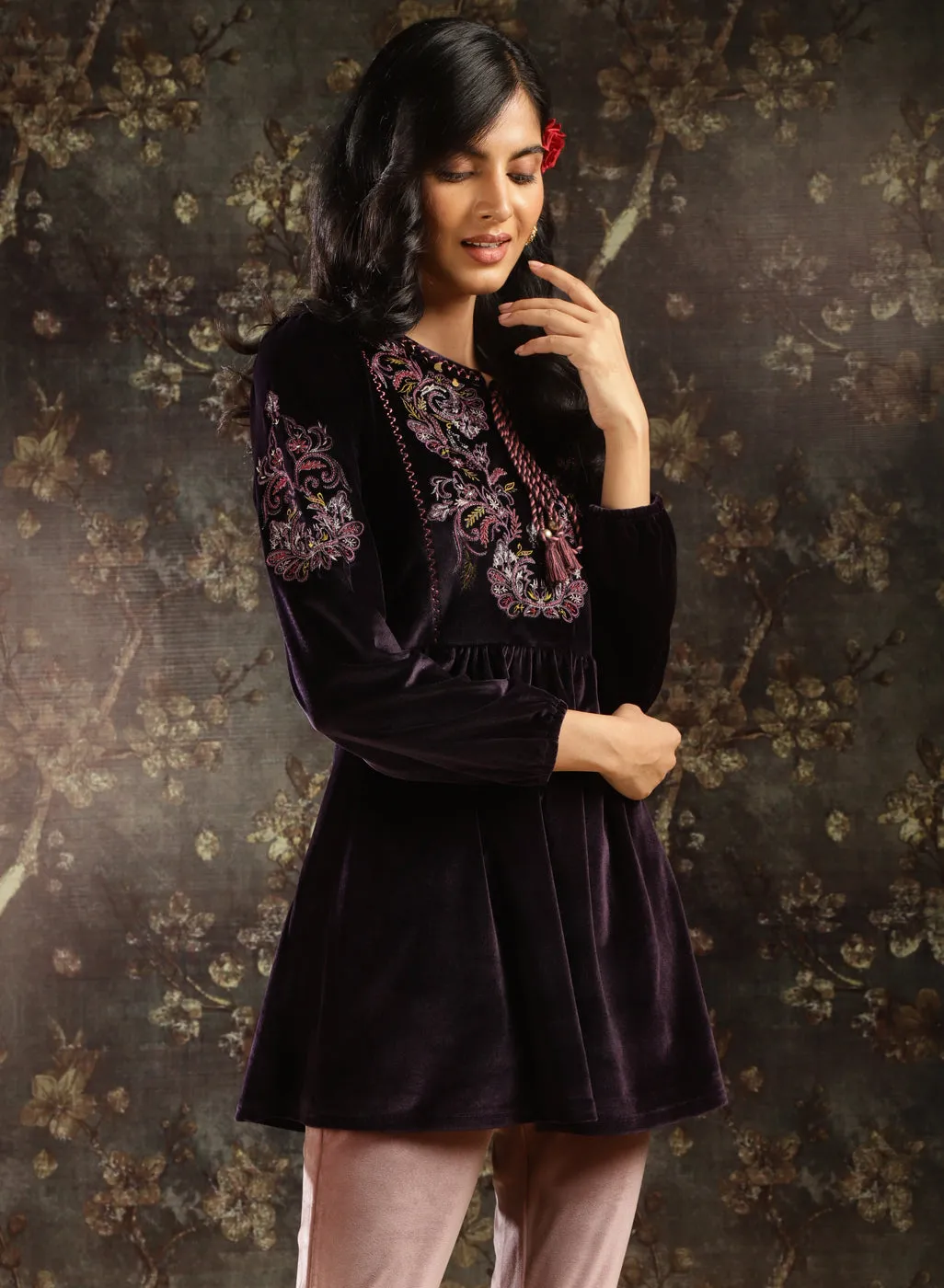 Purple Velvet Tunic with Threadwork and Tassels