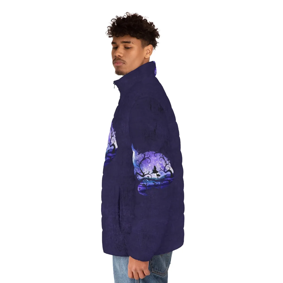 "Enchanting 'We Are All Mad Here' Puffer Jacket for Dreamers and Adventurers