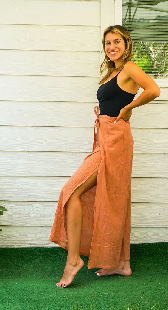 Raw Crinkled Cotton Palazzo Wrap Pants