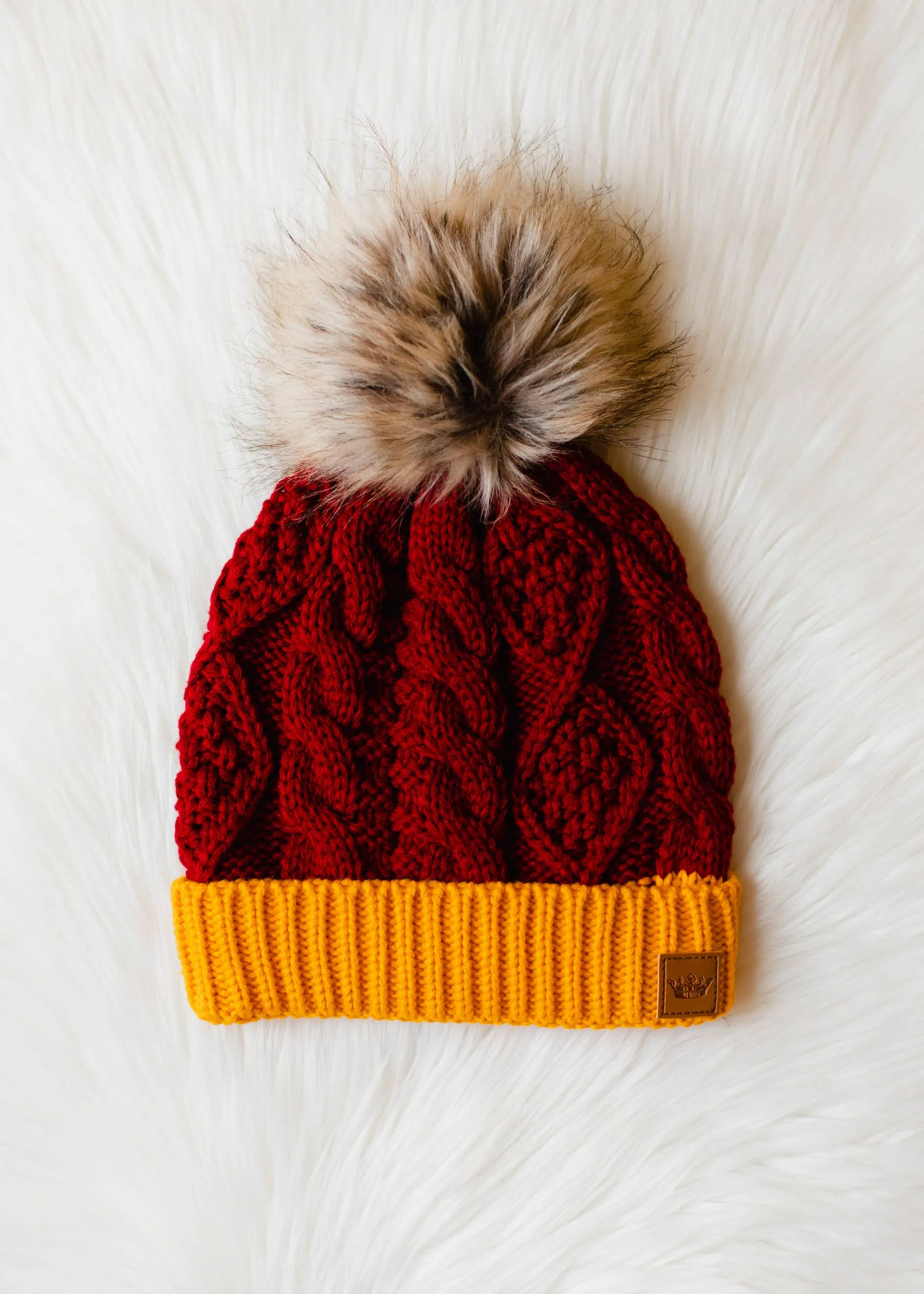 Red & Gold Trim Cable Knit Pom Hat