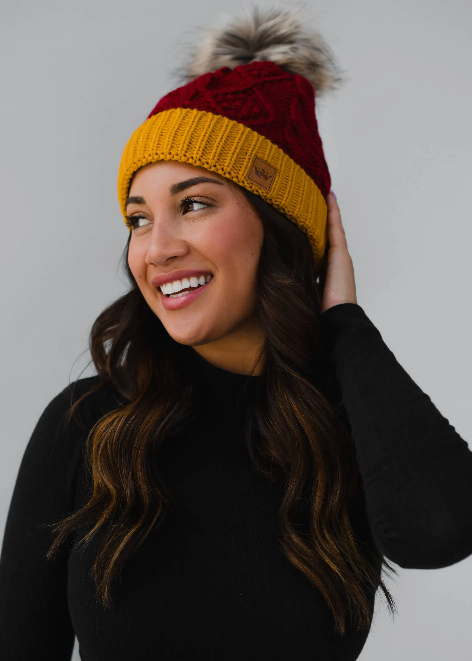 Red & Gold Trim Cable Knit Pom Hat