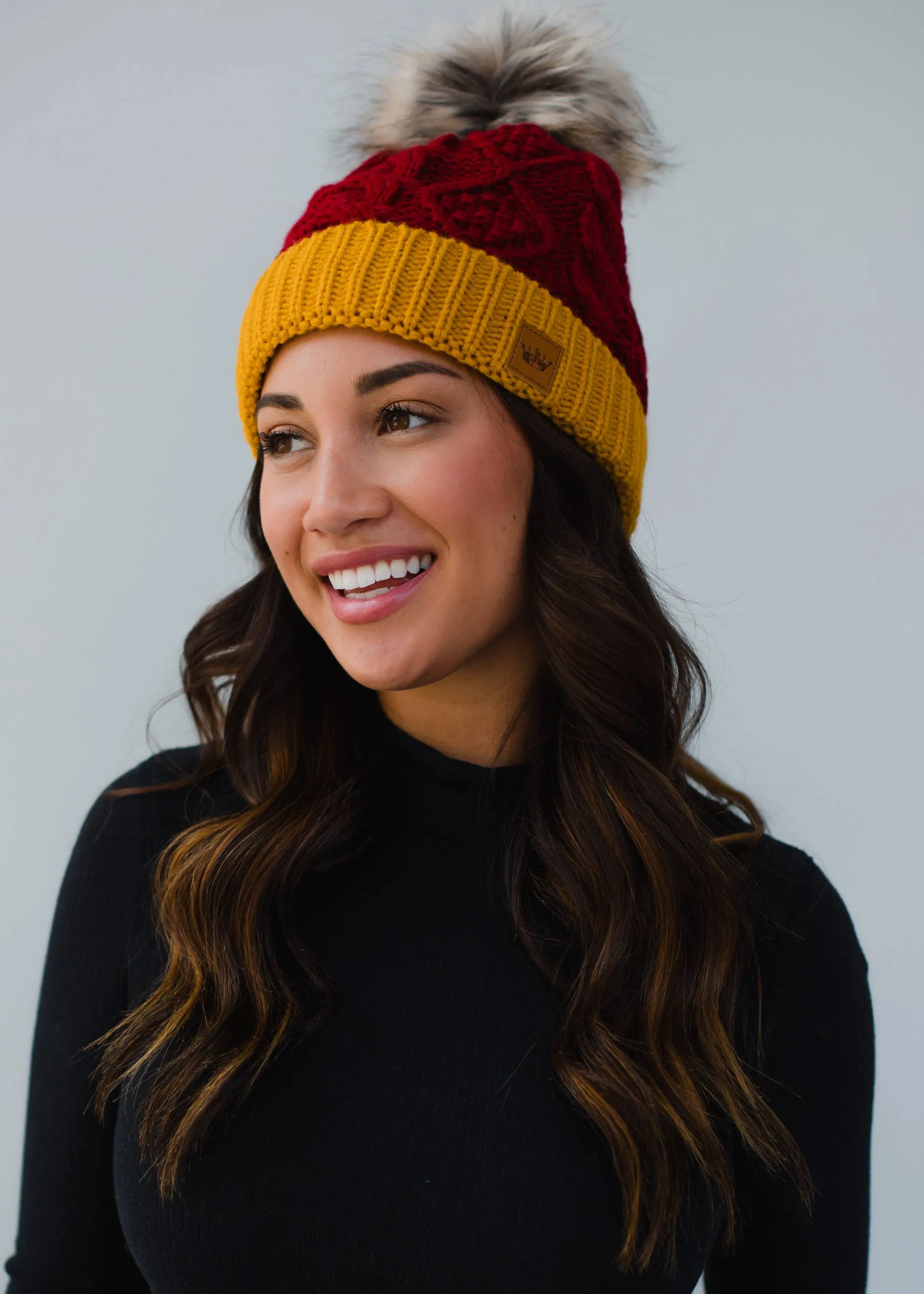 Red & Gold Trim Cable Knit Pom Hat