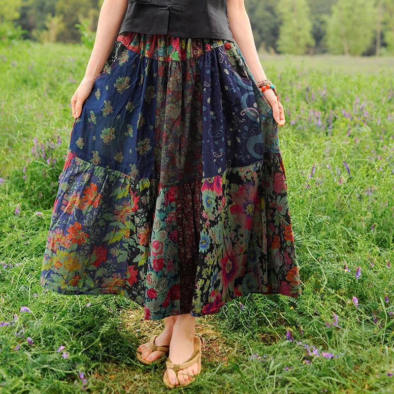 Red Boho Cotton A-Line Skirt with Pockets for Women