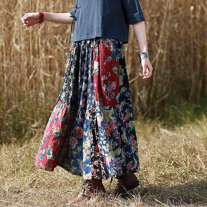 Red Boho Cotton A-Line Skirt with Pockets for Women