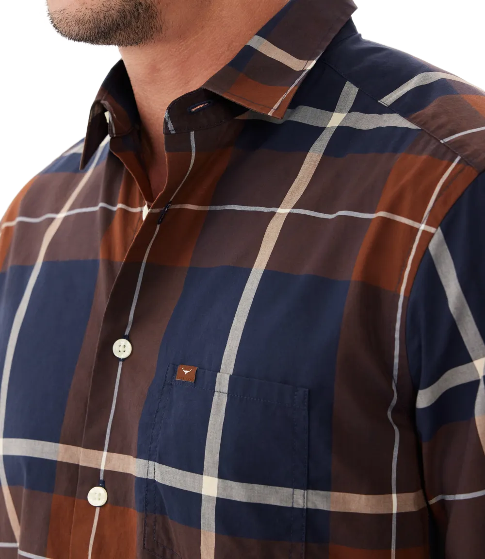 R.M.Williams - Coalcliff Shirt - Cotton Poplin - Brown Navy White