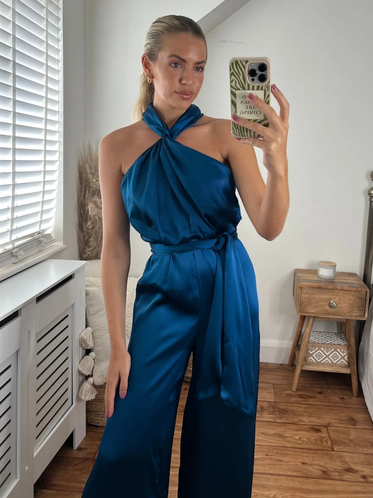 Romy Satin Halter Jumpsuit / Peacock Blue