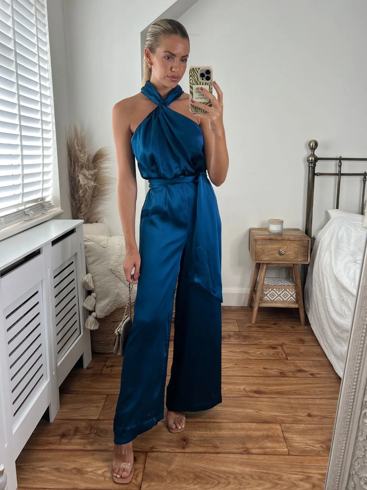 Romy Satin Halter Jumpsuit / Peacock Blue