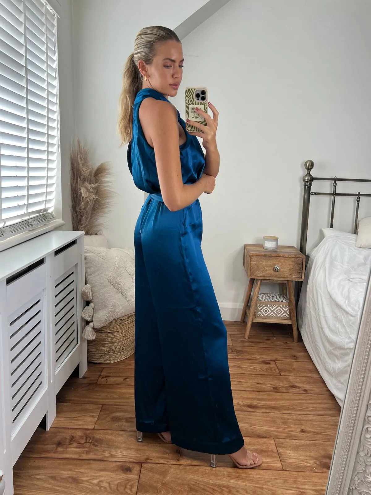 Romy Satin Halter Jumpsuit / Peacock Blue