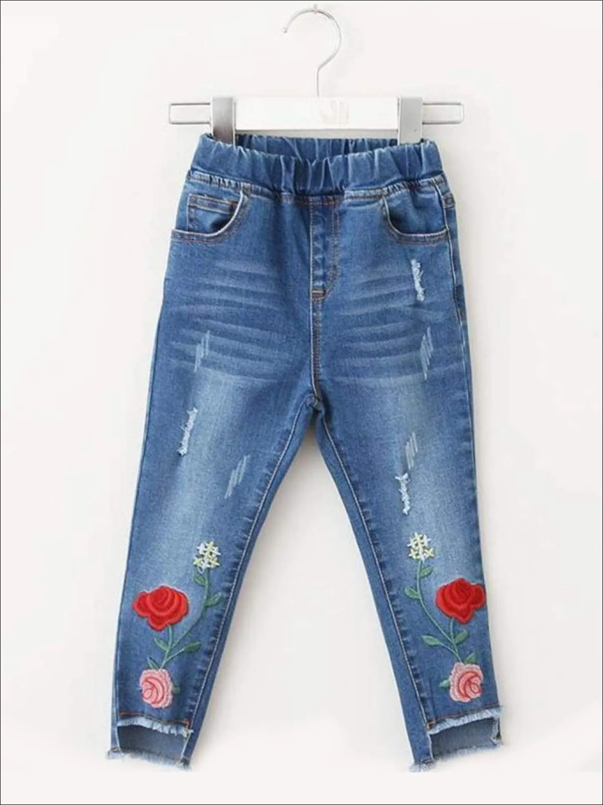 Rose Embroidered Raw Hem Jeans