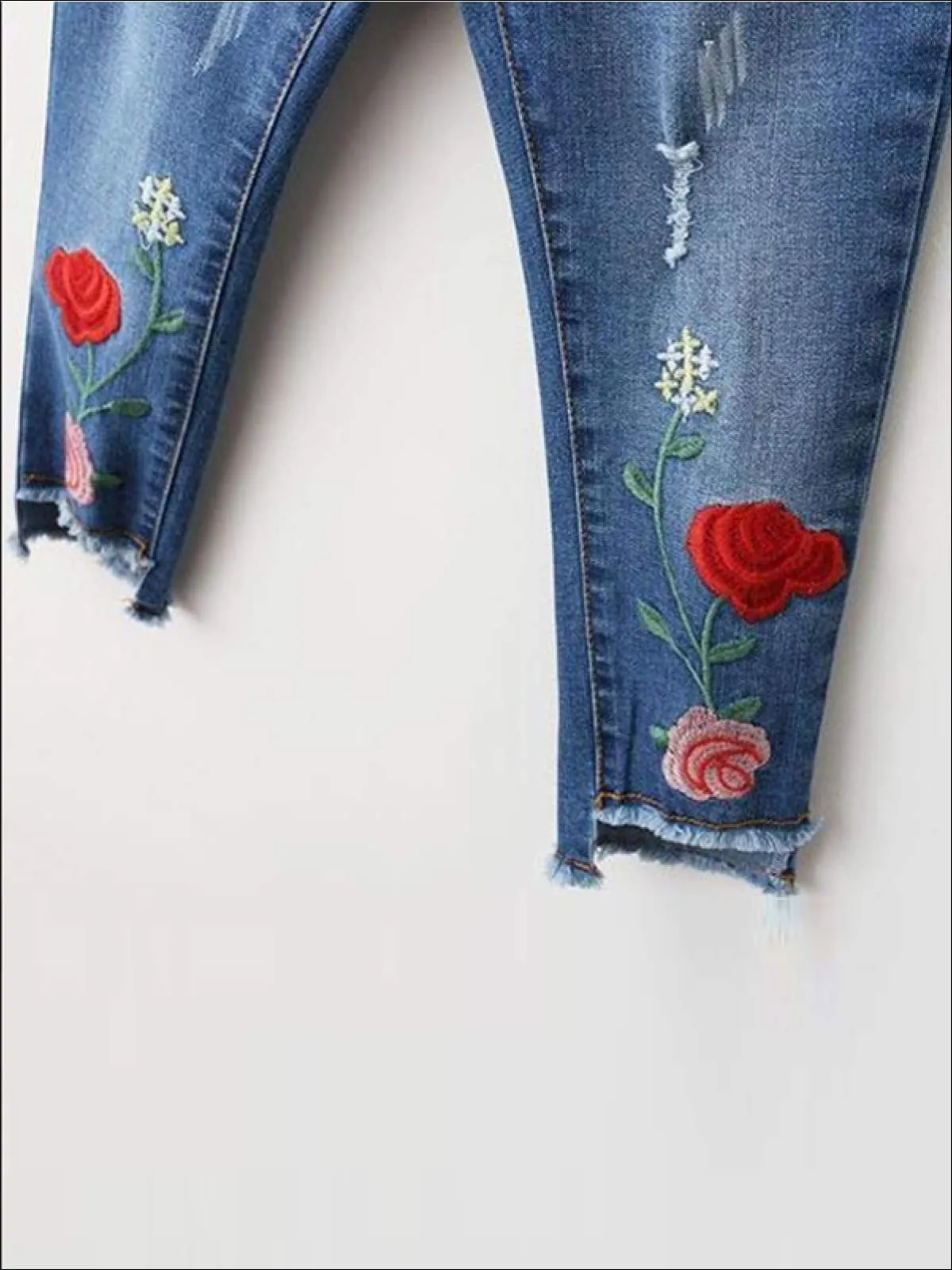 Rose Embroidered Raw Hem Jeans