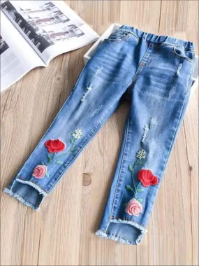 Rose Embroidered Raw Hem Jeans