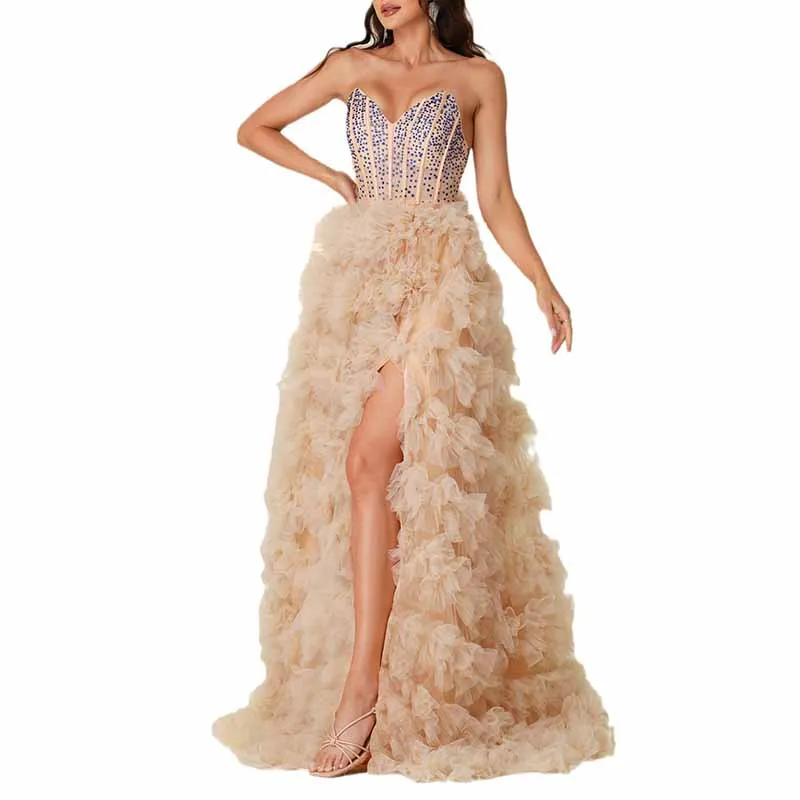 Ruffle Gown Evening Sequin Prom Dress