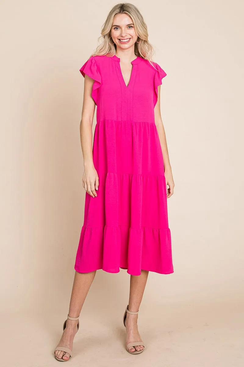 Ruffle Sleeve V neck Tiered Midi Dress, S-3X