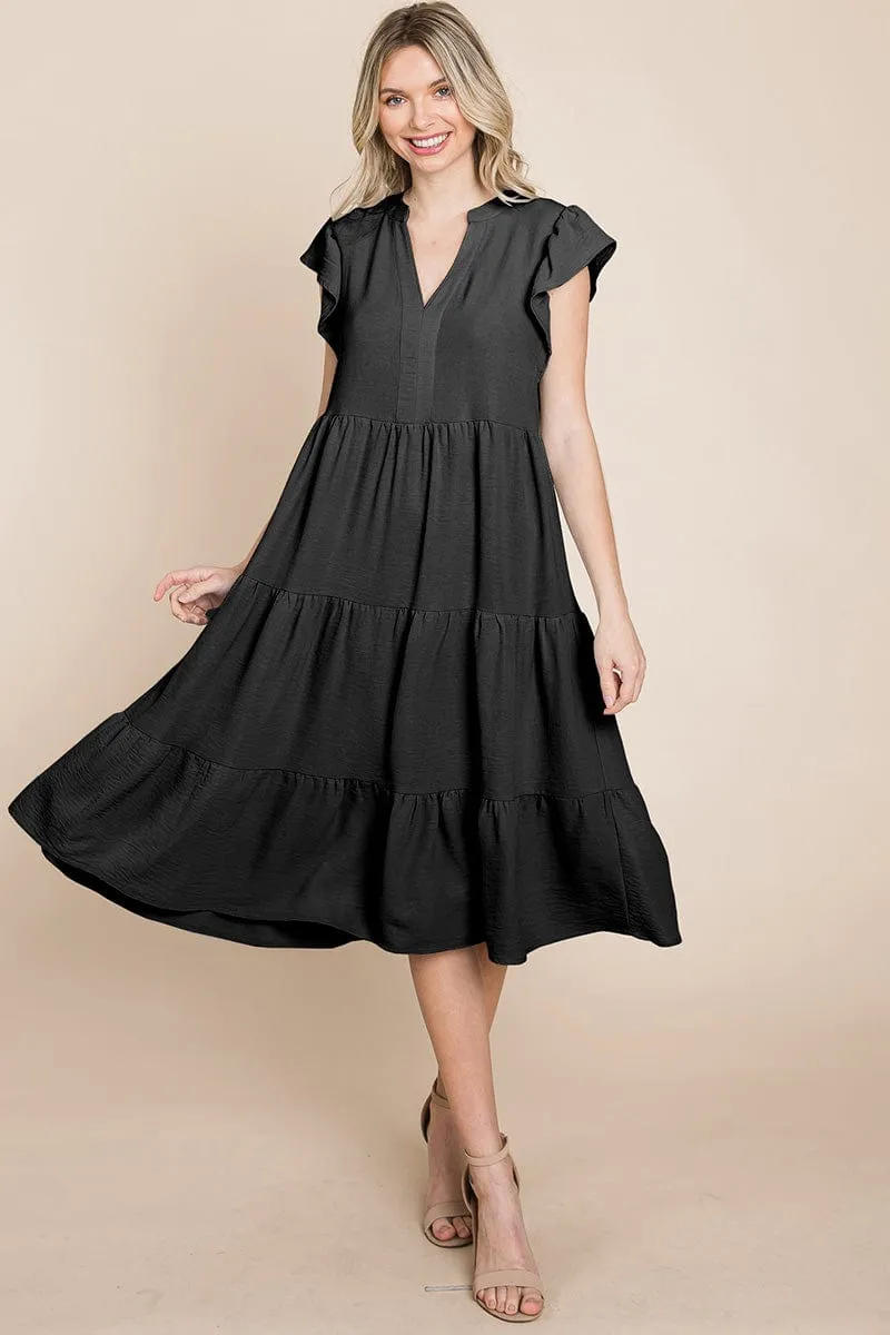 Ruffle Sleeve V neck Tiered Midi Dress, S-3X