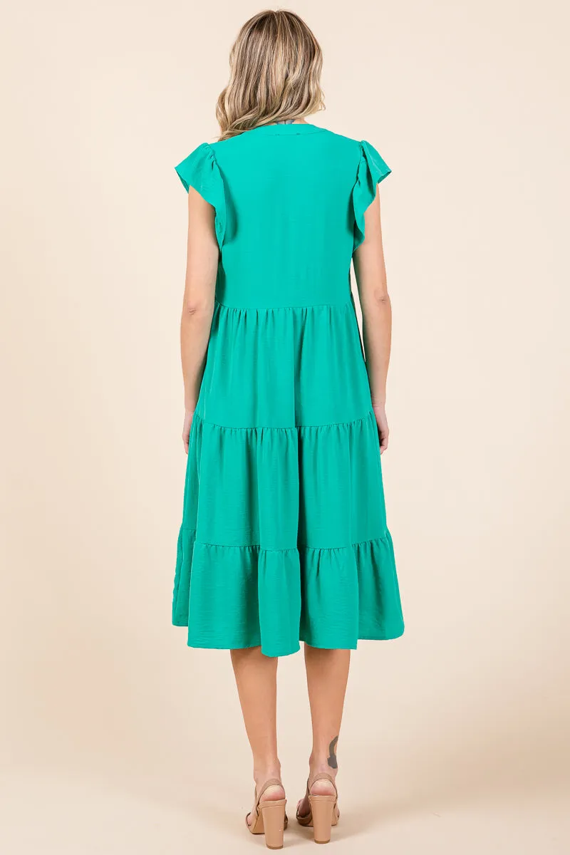 Ruffle Sleeve V neck Tiered Midi Dress, S-3X