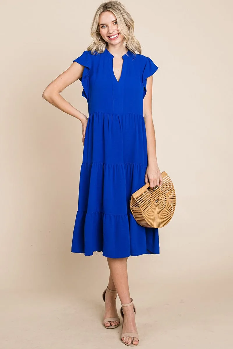 Ruffle Sleeve V neck Tiered Midi Dress, S-3X