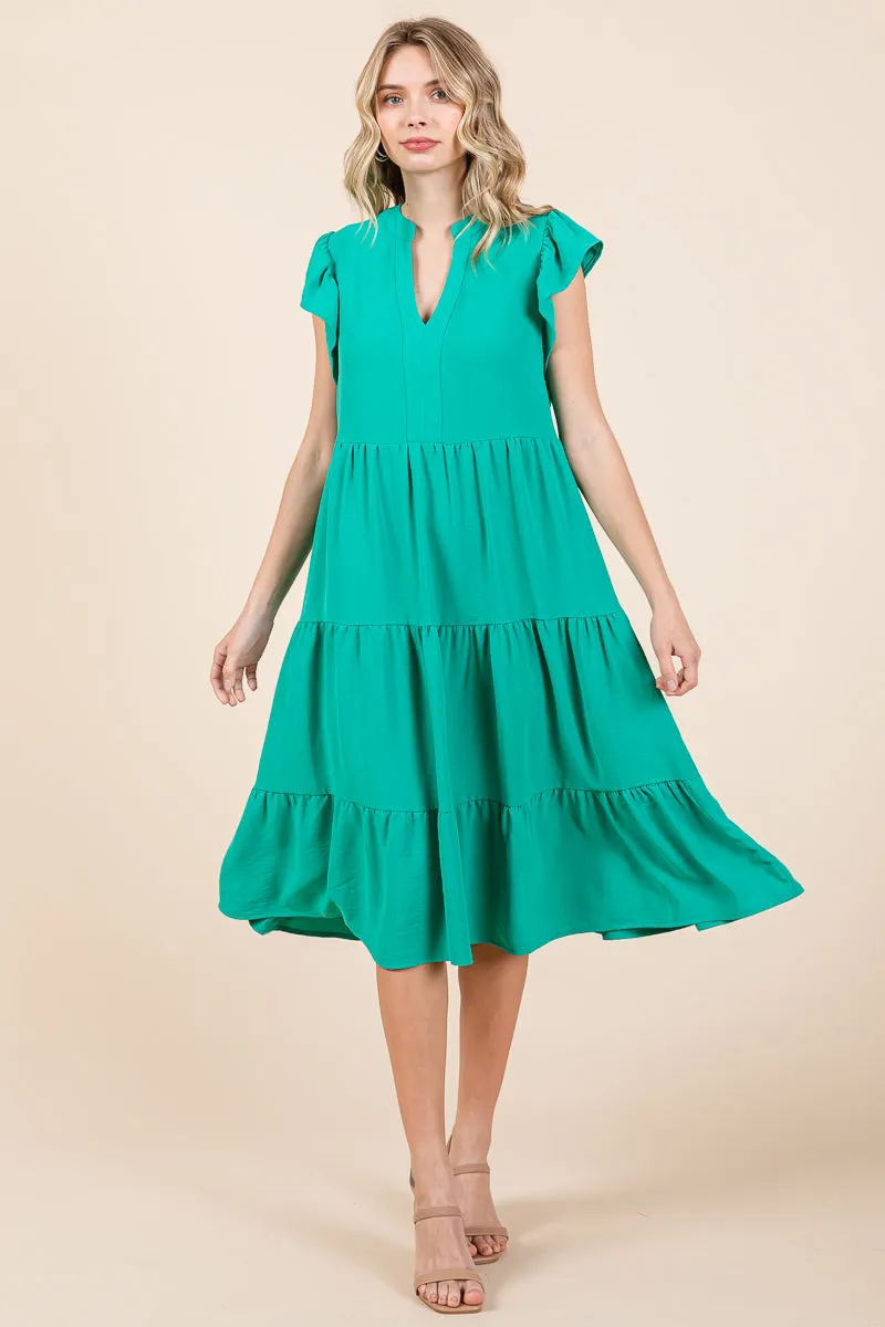 Ruffle Sleeve V neck Tiered Midi Dress, S-3X