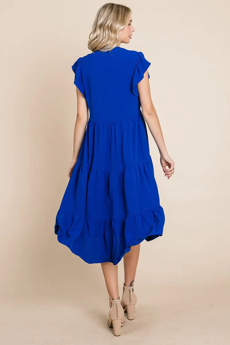 Ruffle Sleeve V neck Tiered Midi Dress, S-3X