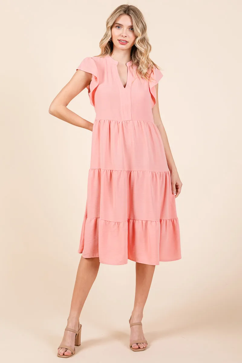 Ruffle Sleeve V neck Tiered Midi Dress, S-3X