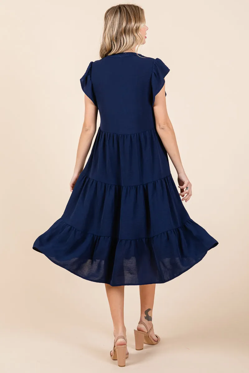 Ruffle Sleeve V neck Tiered Midi Dress, S-3X