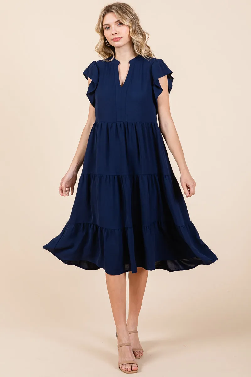 Ruffle Sleeve V neck Tiered Midi Dress, S-3X