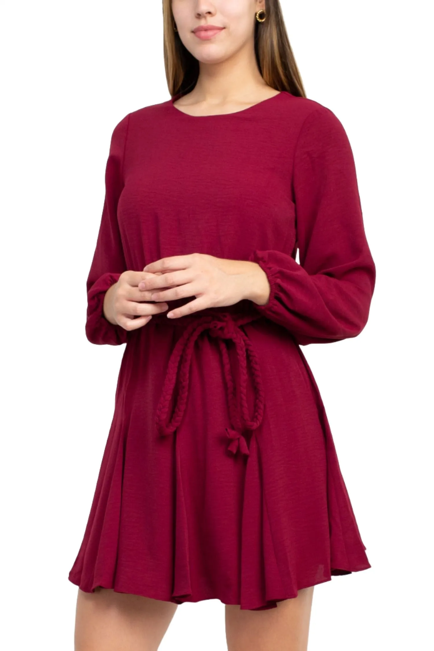 Sage Collective Crew Neck Long Sleeve Tie Waist Godet Hem Keyhole Back Solid Twill Dress