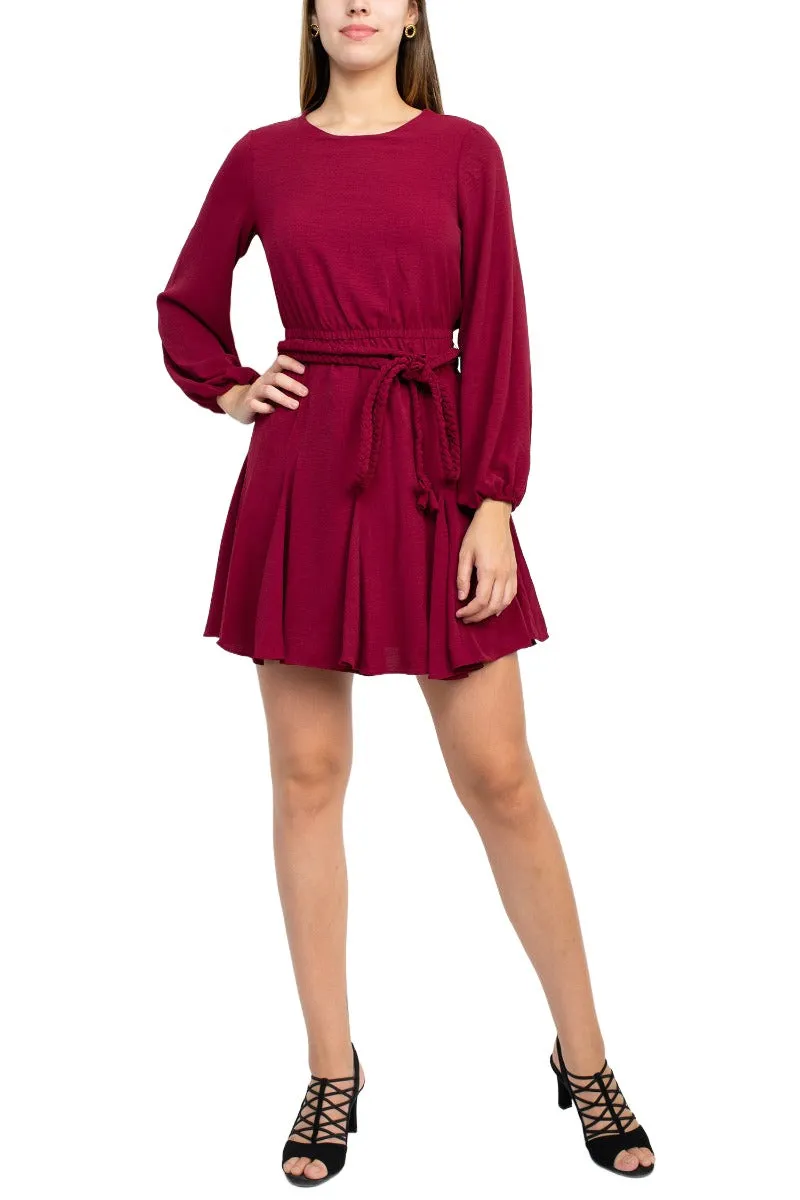 Sage Collective Crew Neck Long Sleeve Tie Waist Godet Hem Keyhole Back Solid Twill Dress