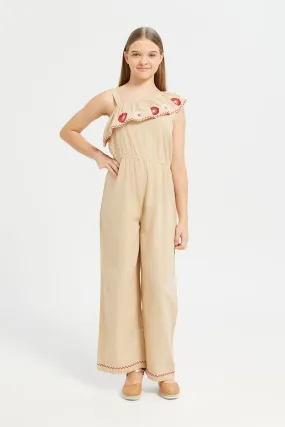 Senior Girls Beige Jumpsuit With Floral Embroidery