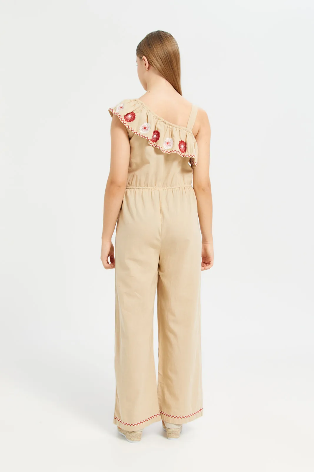 Senior Girls Beige Jumpsuit With Floral Embroidery