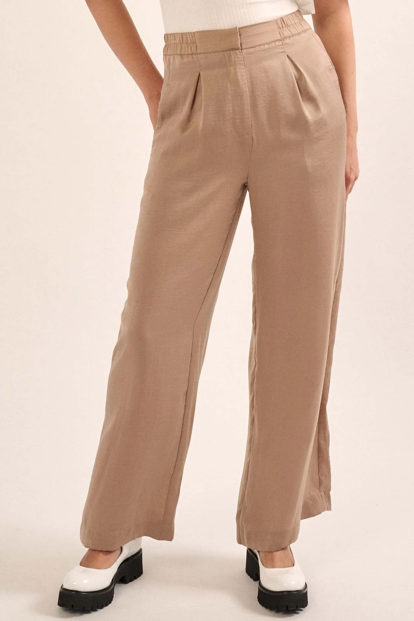 Silk Road Washed Satin Pleated Wide-Leg Pants