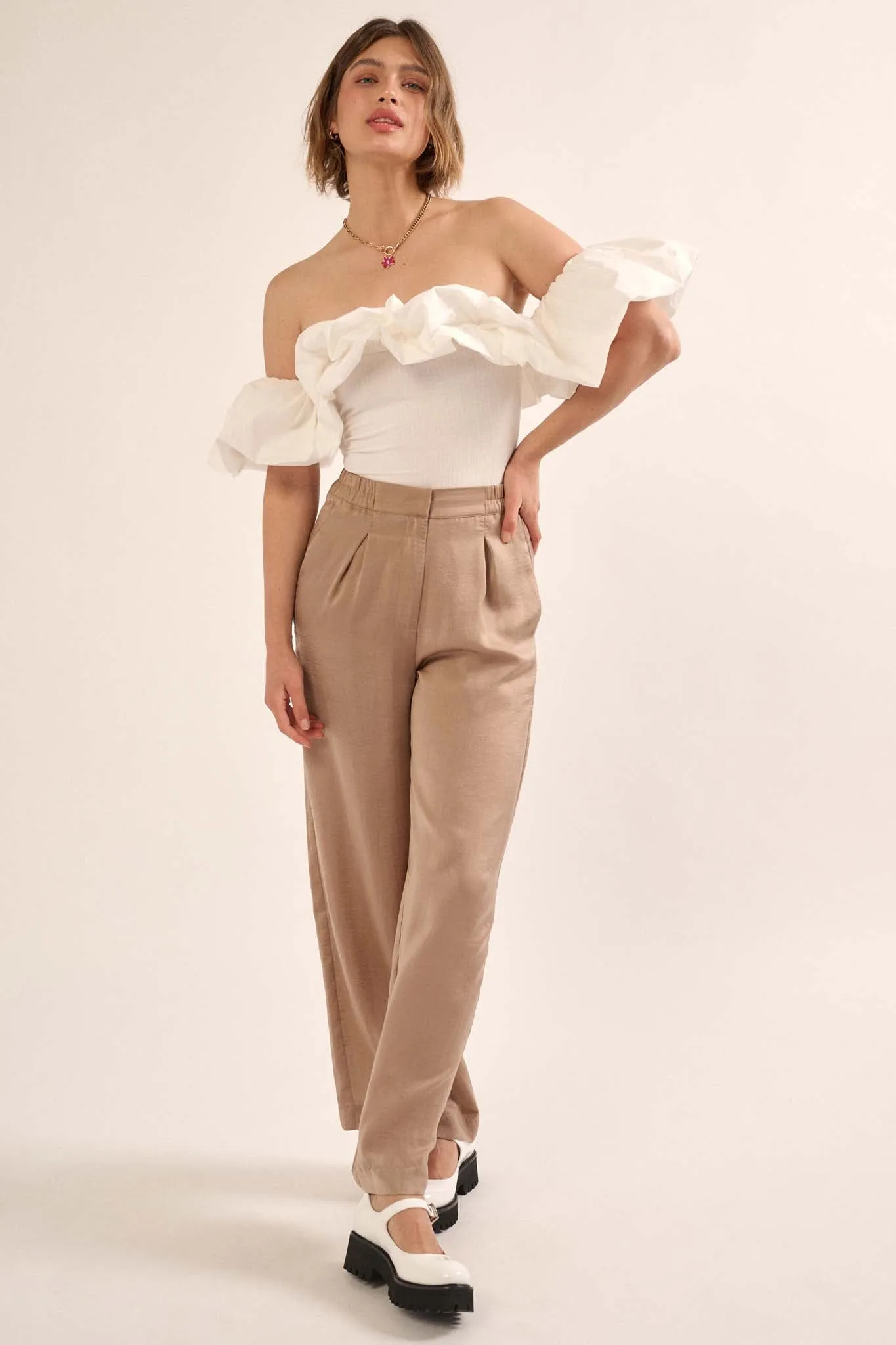 Silk Road Washed Satin Pleated Wide-Leg Pants