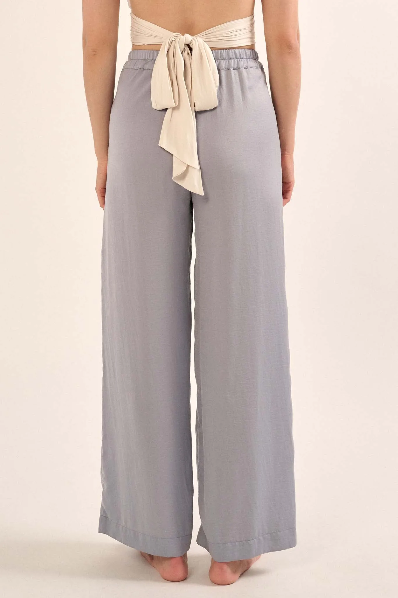 Silk Road Washed Satin Pleated Wide-Leg Pants