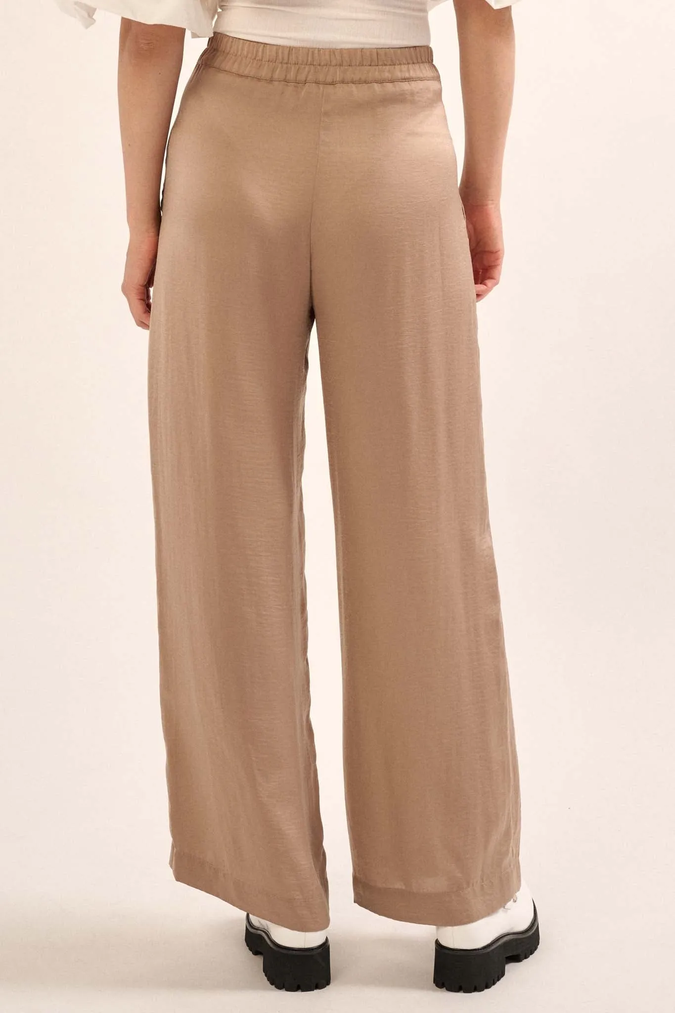 Silk Road Washed Satin Pleated Wide-Leg Pants