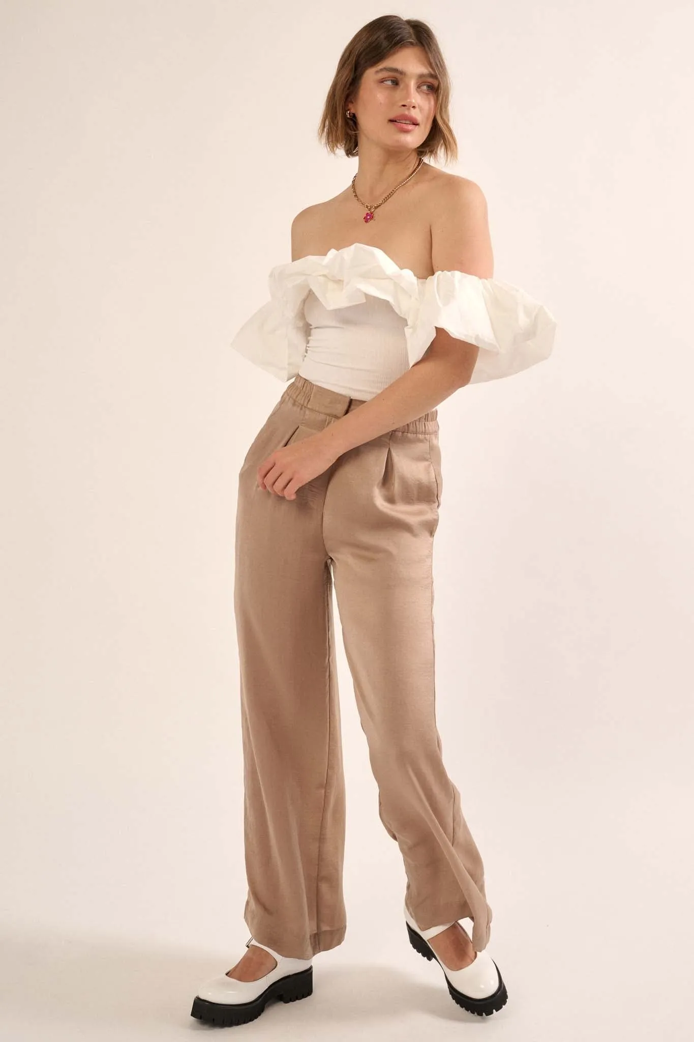 Silk Road Washed Satin Pleated Wide-Leg Pants