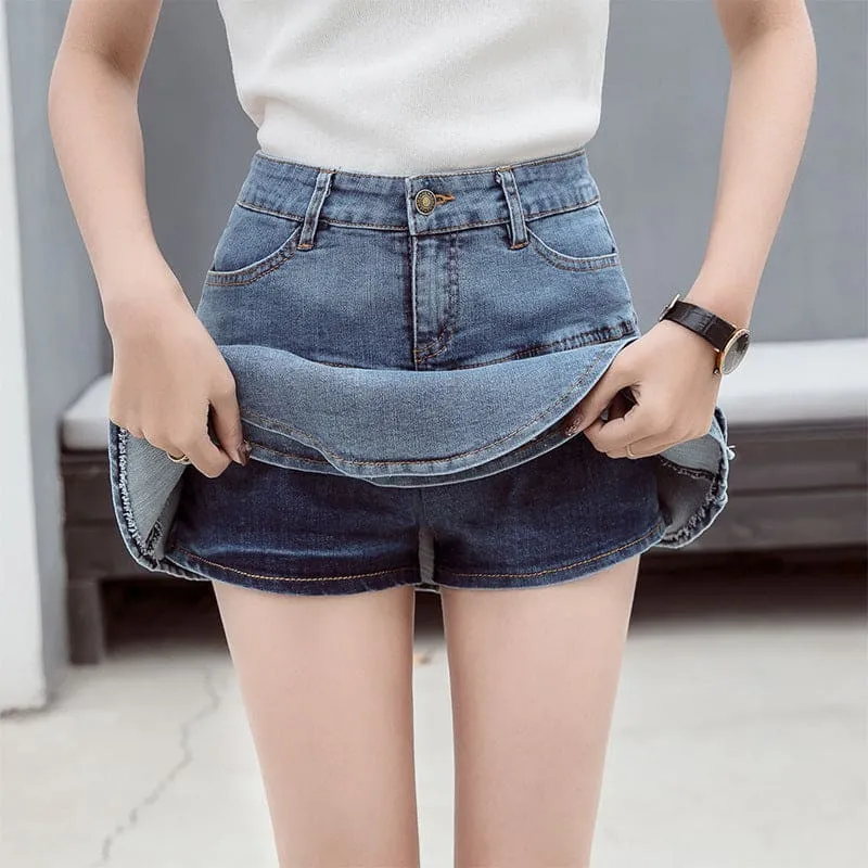 Slant Pocket Belt Loops Double Ruffle Layers Denim Skort