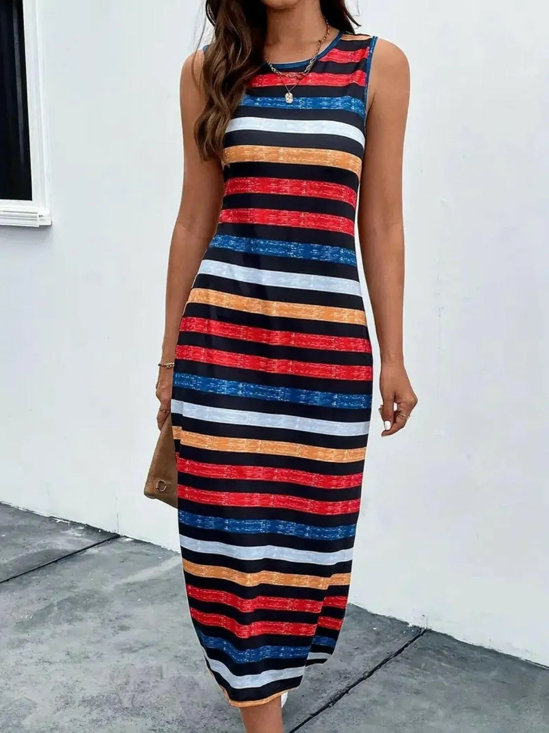 Slit Printed Round Neck Sleeveless Dress