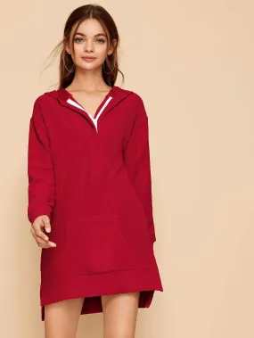 Split Side Ribbed Zip Front Hooded Sweatshirt Dress