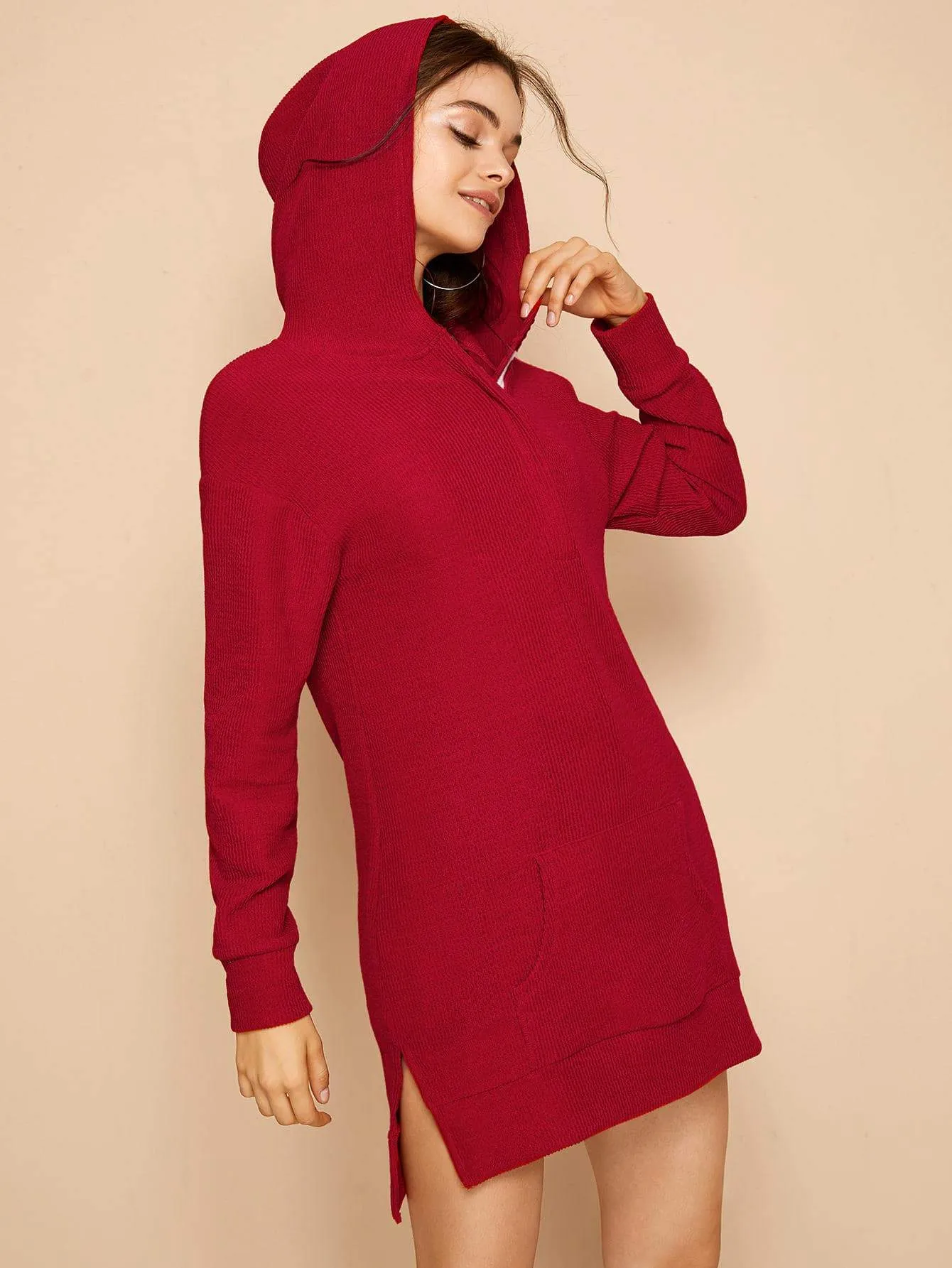 Split Side Ribbed Zip Front Hooded Sweatshirt Dress