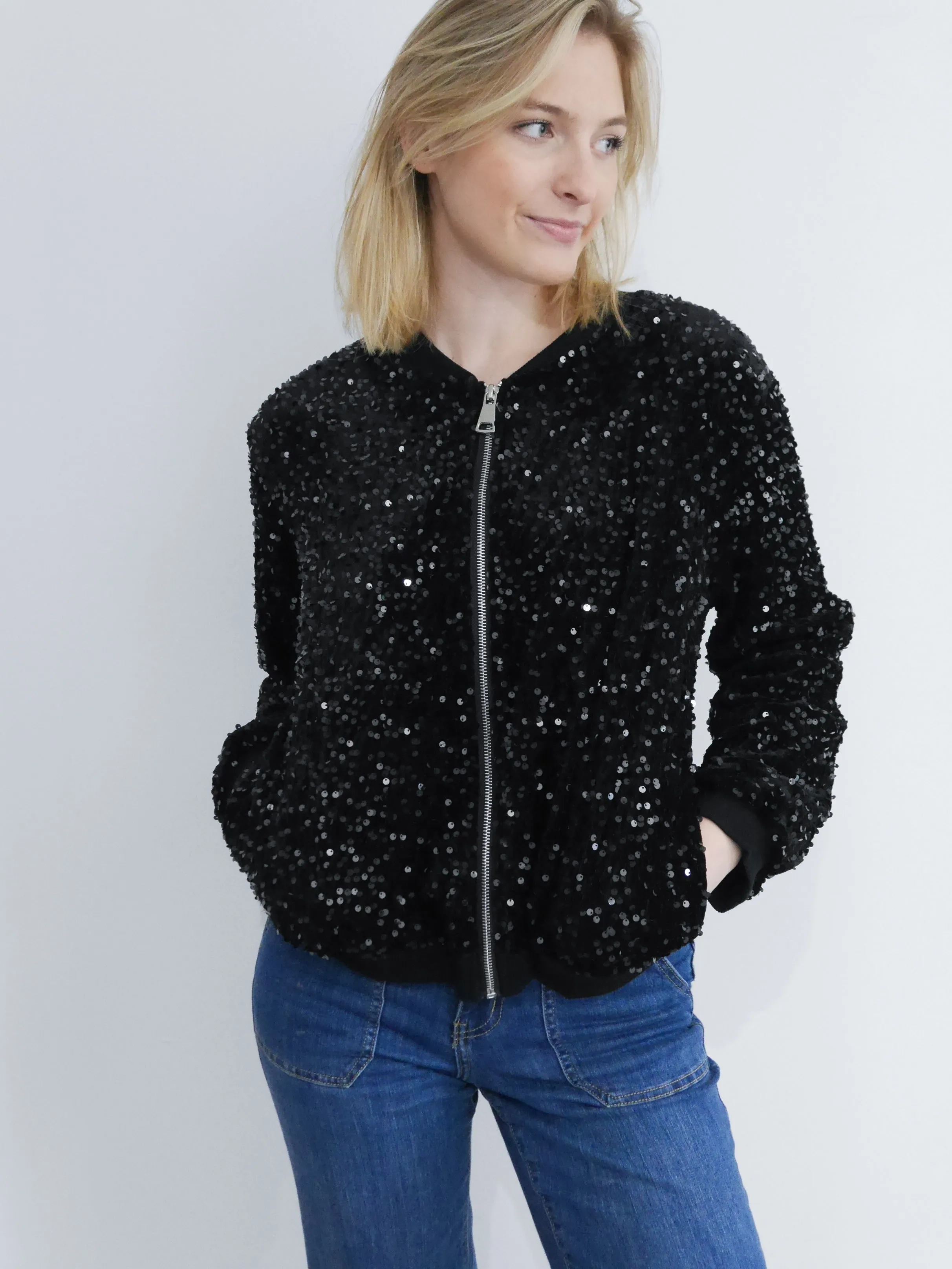 Stella Sequin Bomber Jacket Black & Black