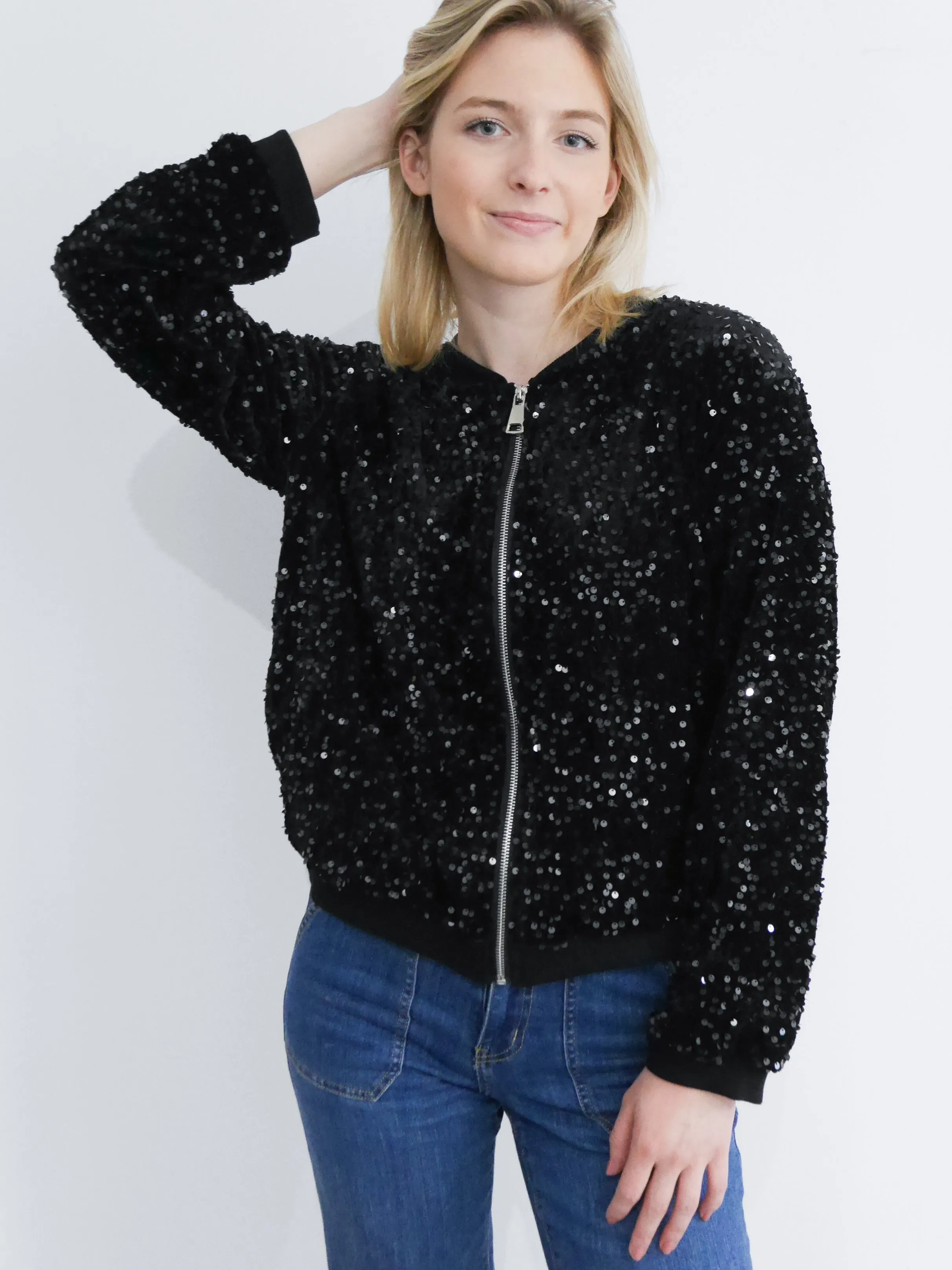 Stella Sequin Bomber Jacket Black & Black