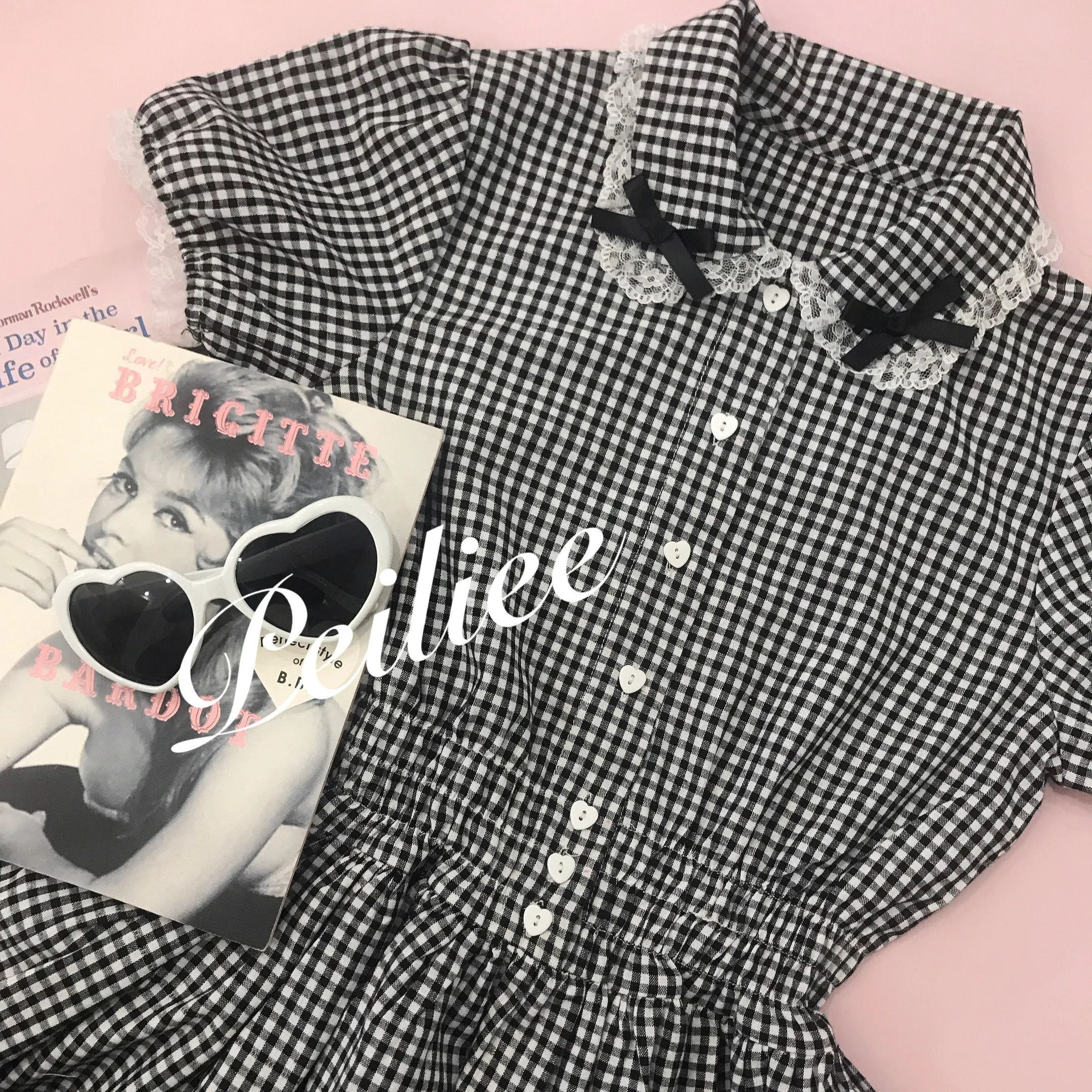 Sweden Warehouse [By Peiliee] Afternoon Tea At Tiffany Gingham Babydoll Mini Dress Lolita 1997 style