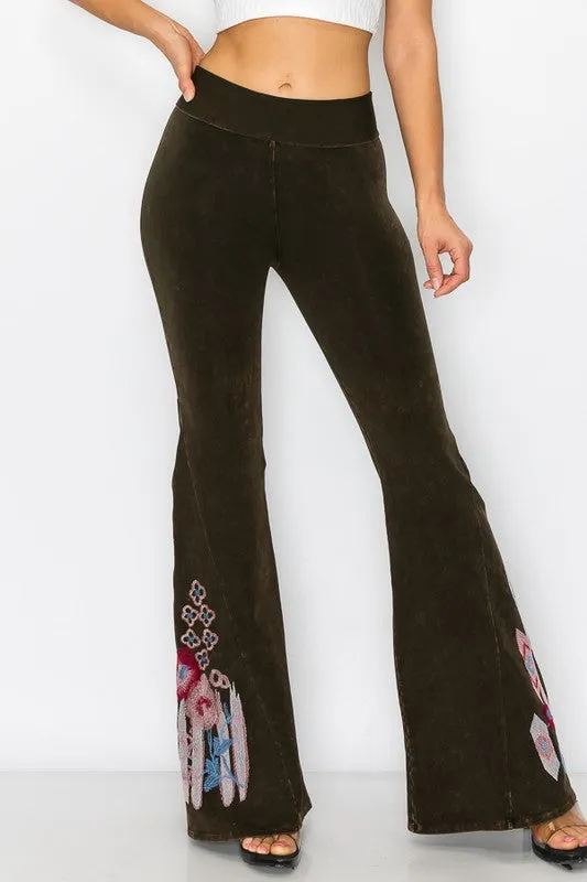 T-Party Aztec & Floral Embroidery Flare Foldover Pants - Brown