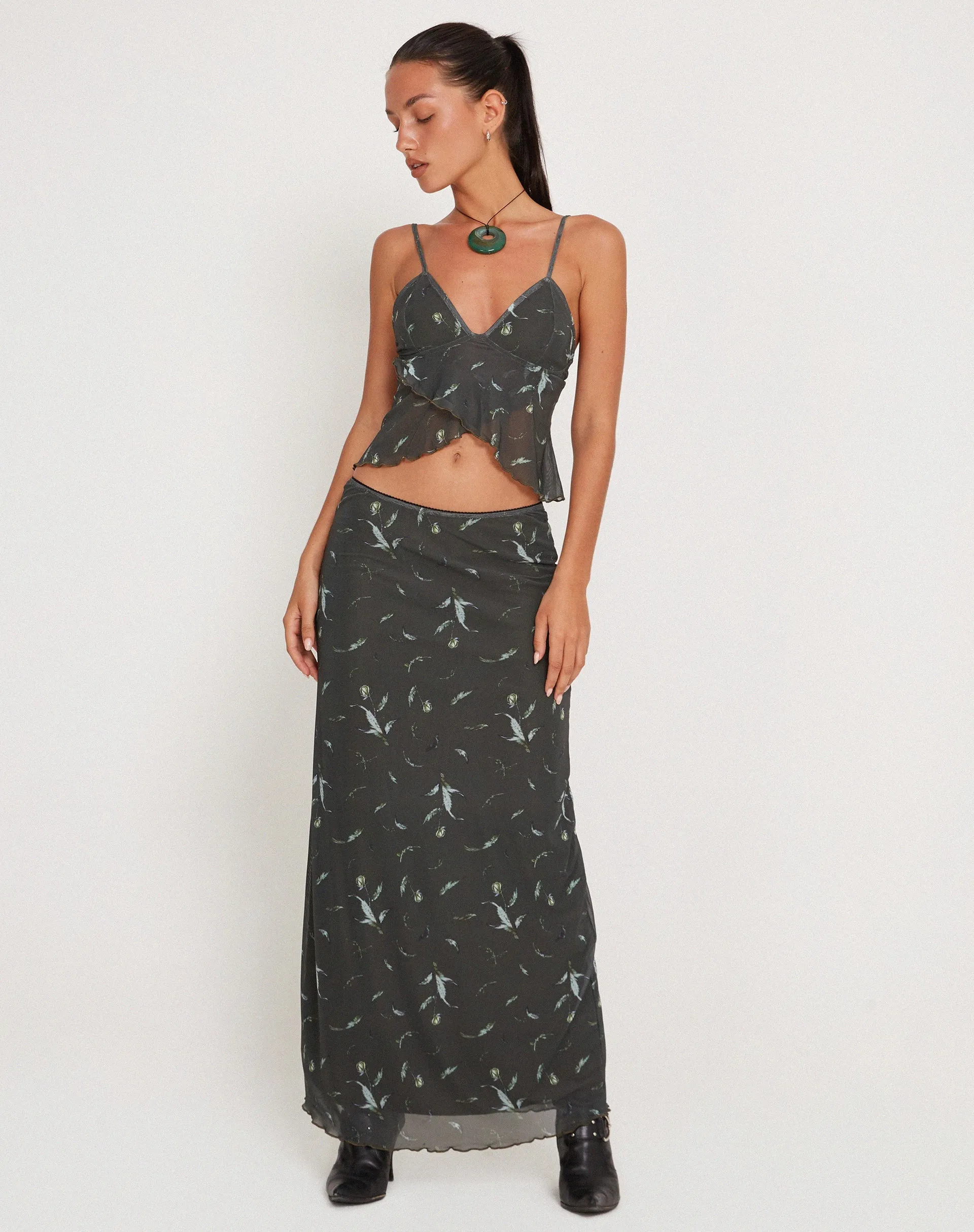 Trula Mesh Maxi Skirt in Floral Khaki Silhouette