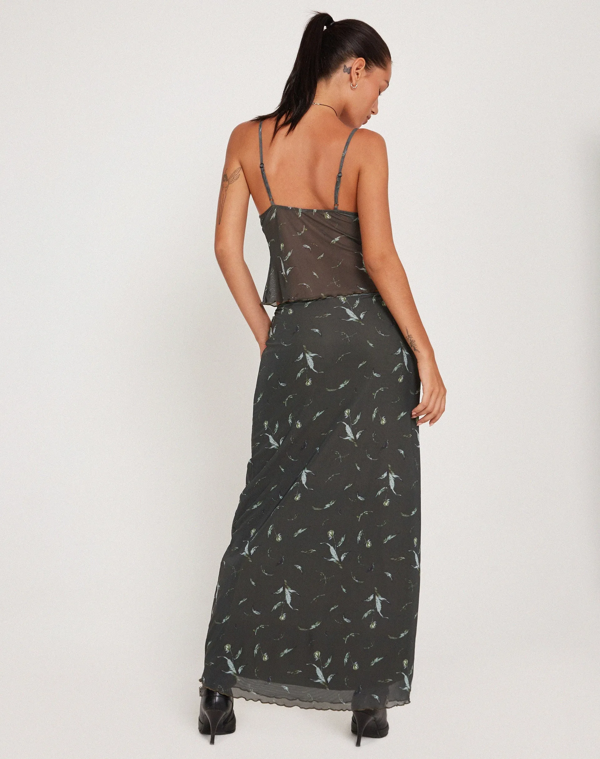 Trula Mesh Maxi Skirt in Floral Khaki Silhouette