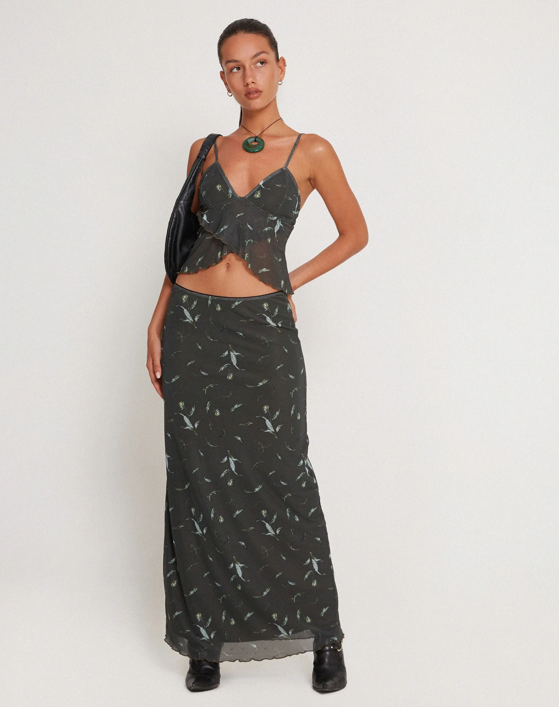 Trula Mesh Maxi Skirt in Floral Khaki Silhouette