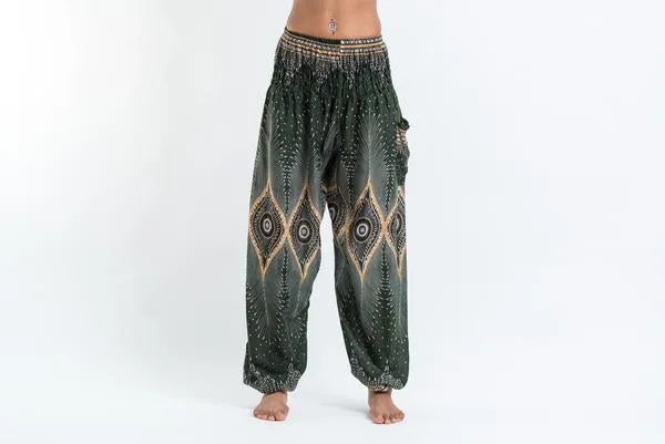 Unisex Diamond Peacock Harem Pants in Green