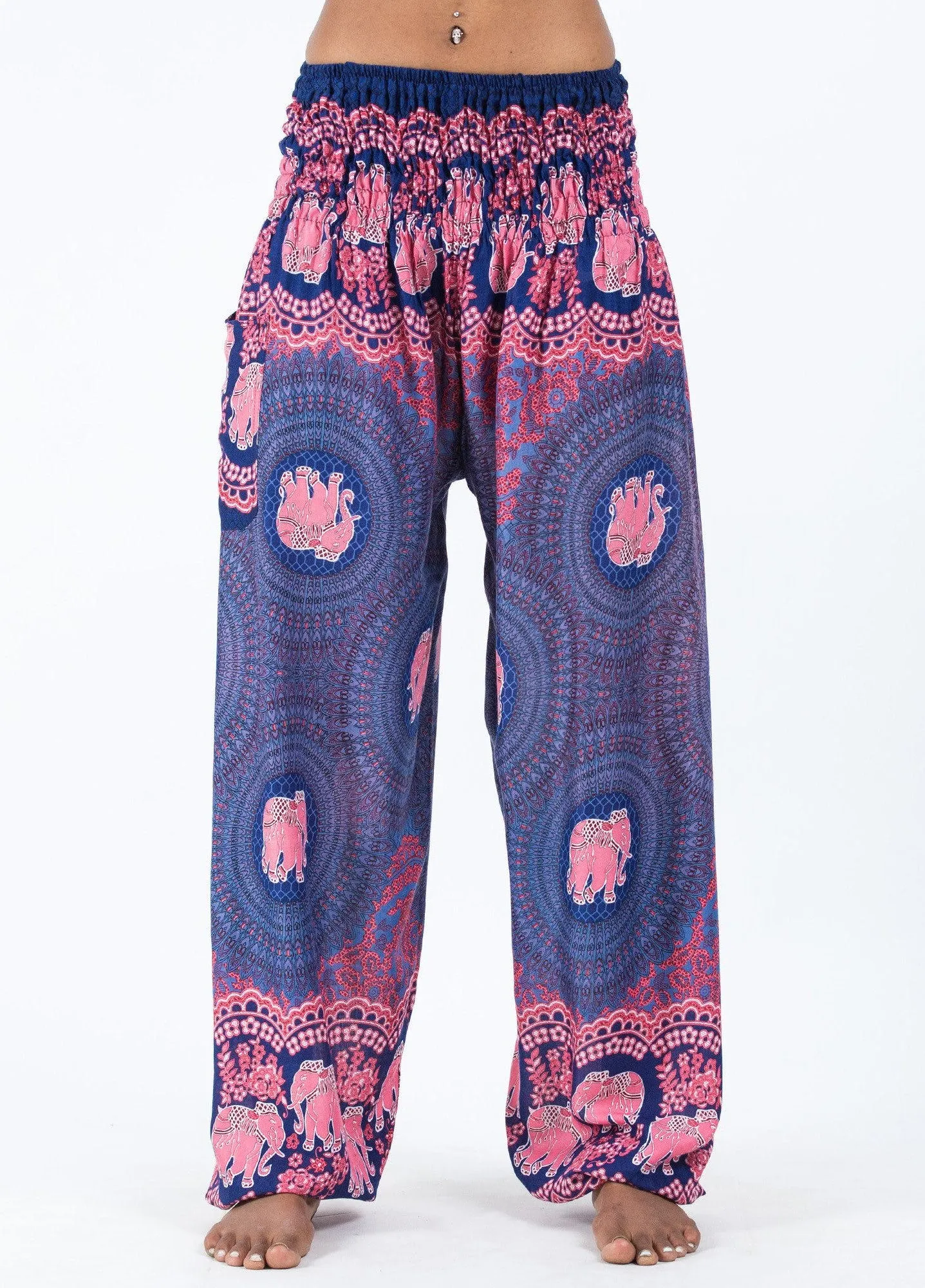 Unisex Mandala Elephants Harem Pants in Blue