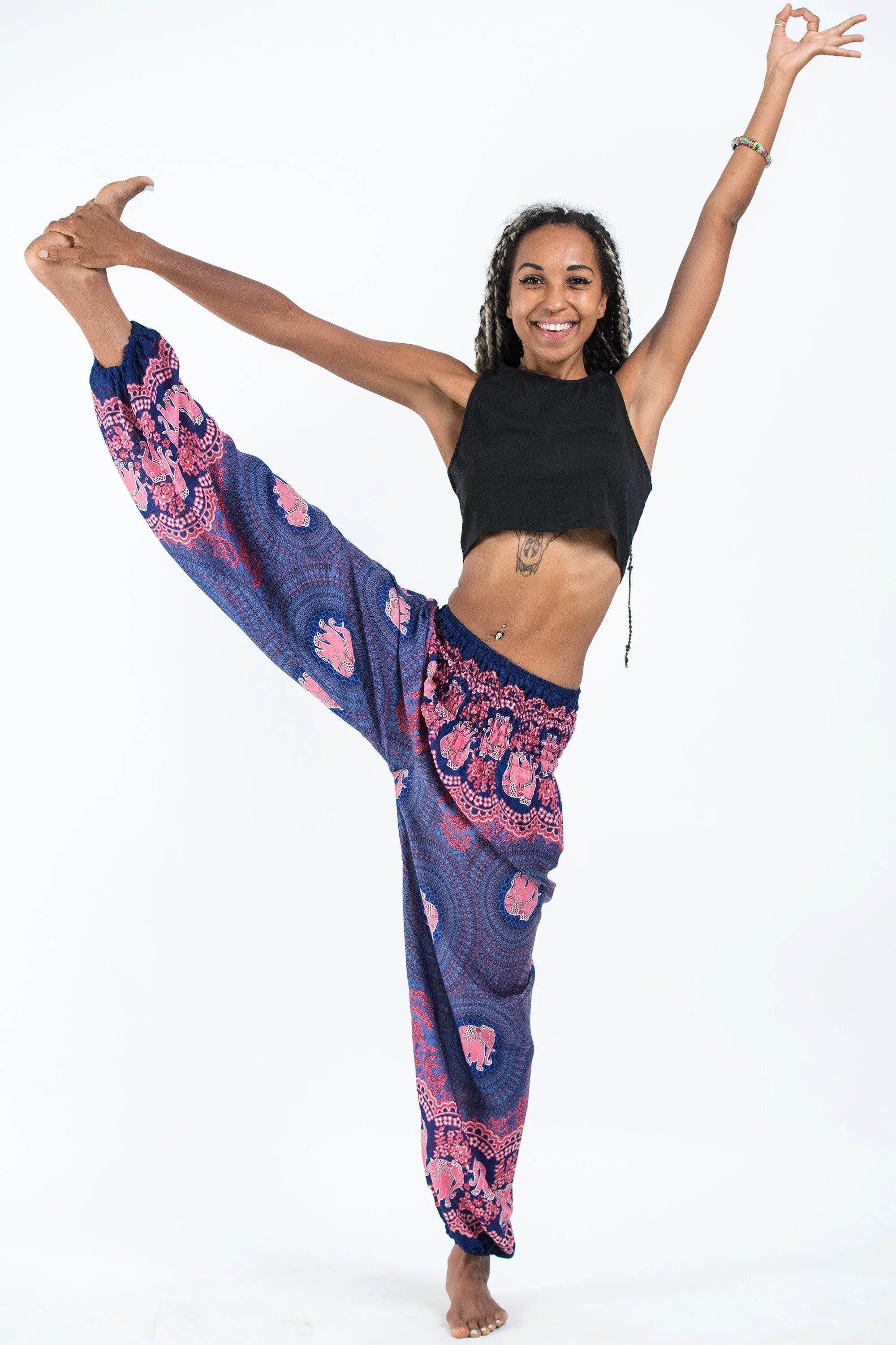 Unisex Mandala Elephants Harem Pants in Blue