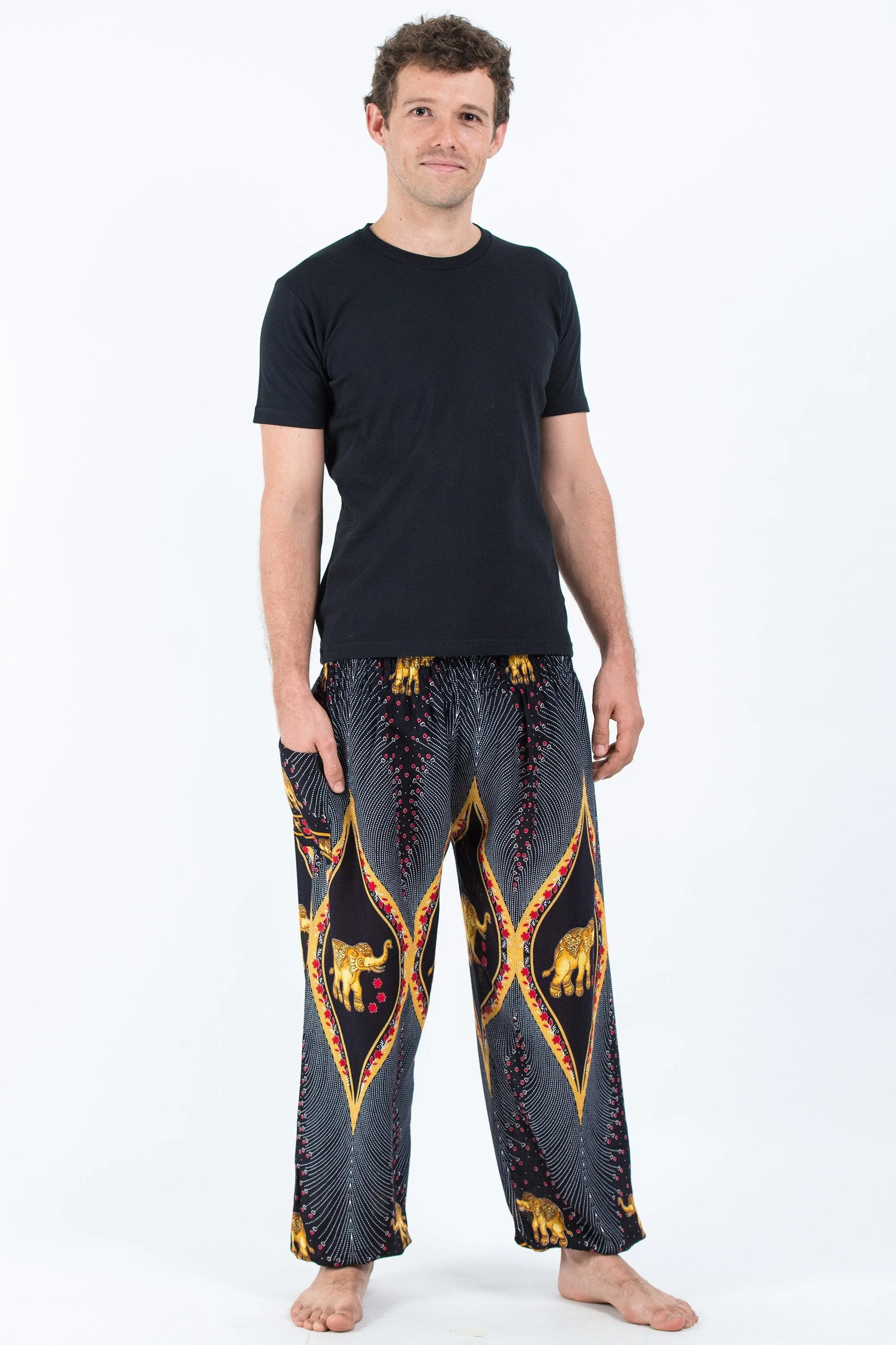 Unisex Peacock Elephants Harem Pants in Black